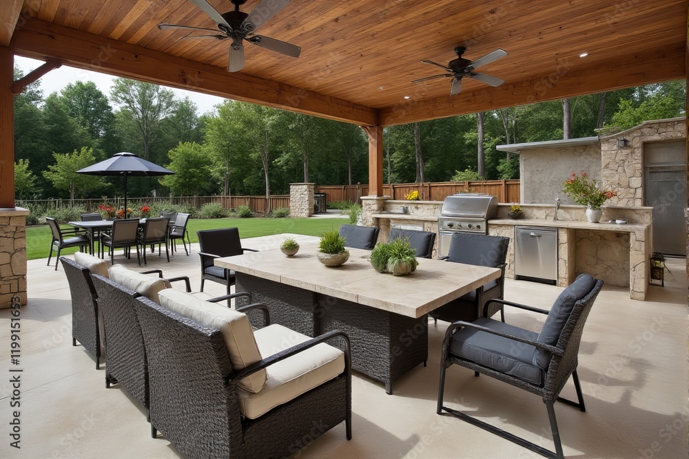Obraz premium Contemporary outdoor kitchen with stylish seating and modern appliances