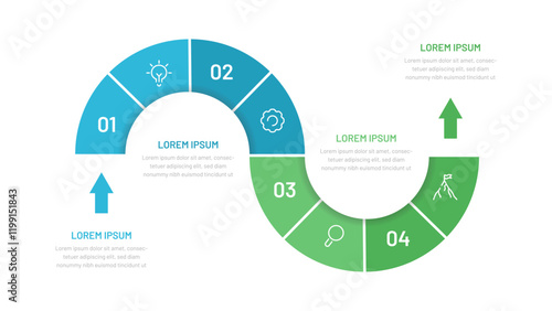 A timeline consisting of 4 stages, options, and steps to reflect project execution. Template for presentation, report, website, slides