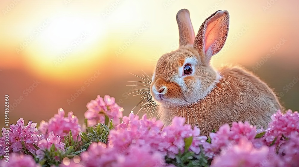 Fototapeta premium Bunny among pink flowers at sunset nature scene