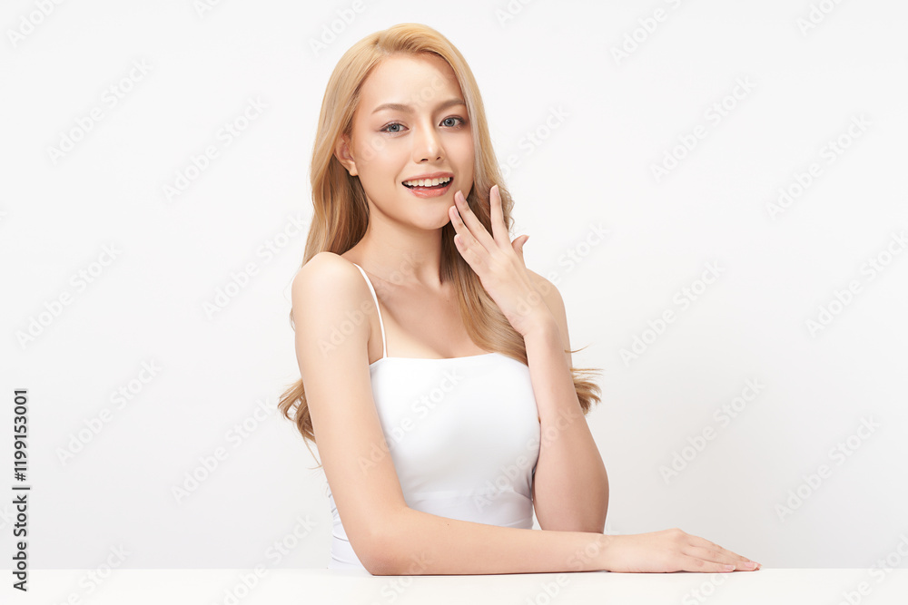 Fototapeta premium Beautiful young asian woman with clean fresh skin on white background, Face care, Facial treatment, Cosmetology, beauty and spa, Asian women portrait.