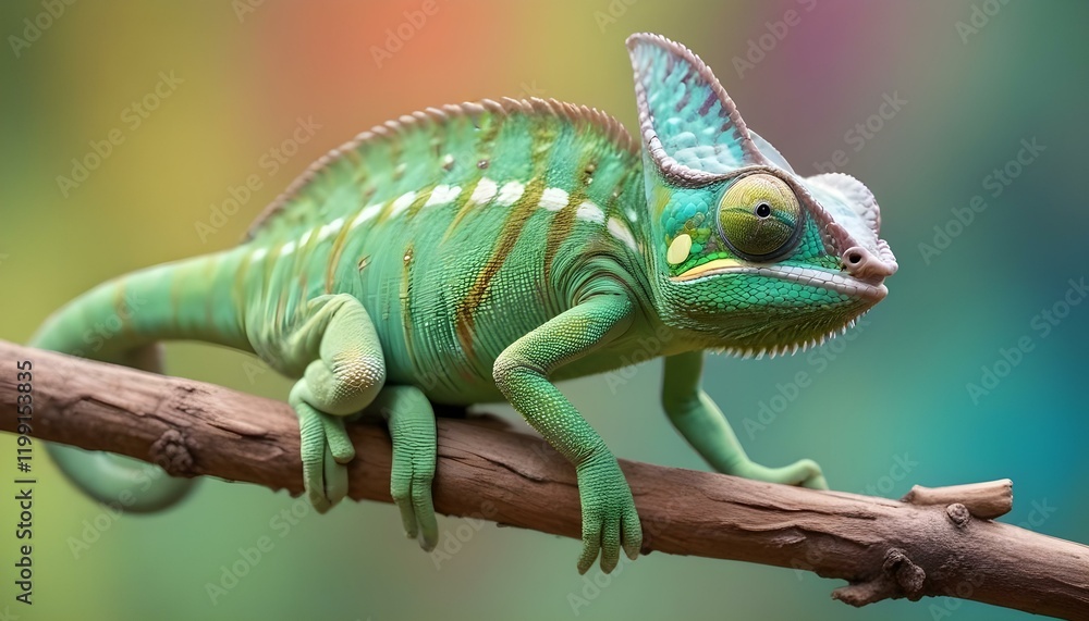 custom made wallpaper toronto digitalUn camaleón verde con ojos grandes y una cola larga posado en una rama sobre un fondo colorido y borroso