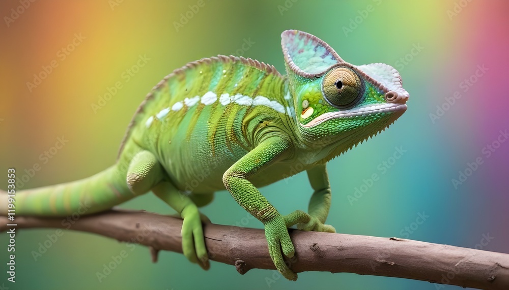 Fototapeta premium Un camaleón verde con ojos grandes y una cola larga posado en una rama sobre un fondo colorido y borroso