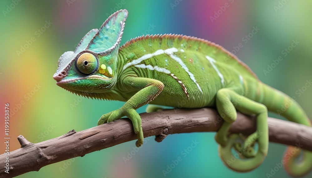 Un camaleón verde con ojos grandes y una cola larga posado en una rama sobre un fondo colorido y borroso Un camaleón verde con ojos grandes y una cola larga posado en una rama sobre un fondo colorido y borroso