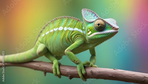 Wallpaper Mural Un camaleón verde con ojos grandes y una cola larga posado en una rama sobre un fondo colorido y borroso Torontodigital.ca