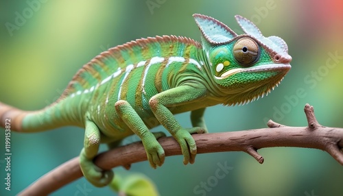 Wallpaper Mural Un camaleón verde con ojos grandes y una cola larga posado en una rama sobre un fondo colorido y borroso Torontodigital.ca