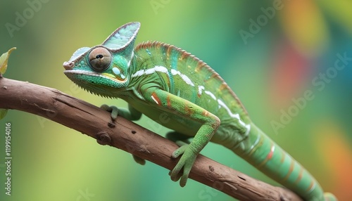 Wallpaper Mural Un camaleón verde con ojos grandes y una cola larga posado en una rama sobre un fondo colorido y borroso Torontodigital.ca