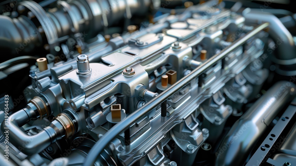 A detailed view of a car engine, showcasing fuel injectors, cylinder heads, and valve covers, with smooth transitions and realistic lighting highlighting the textures A detailed view of a car engine, showcasing fuel injectors, cylinder heads, and valve covers, with smooth transitions and realistic lighting highlighting the textures