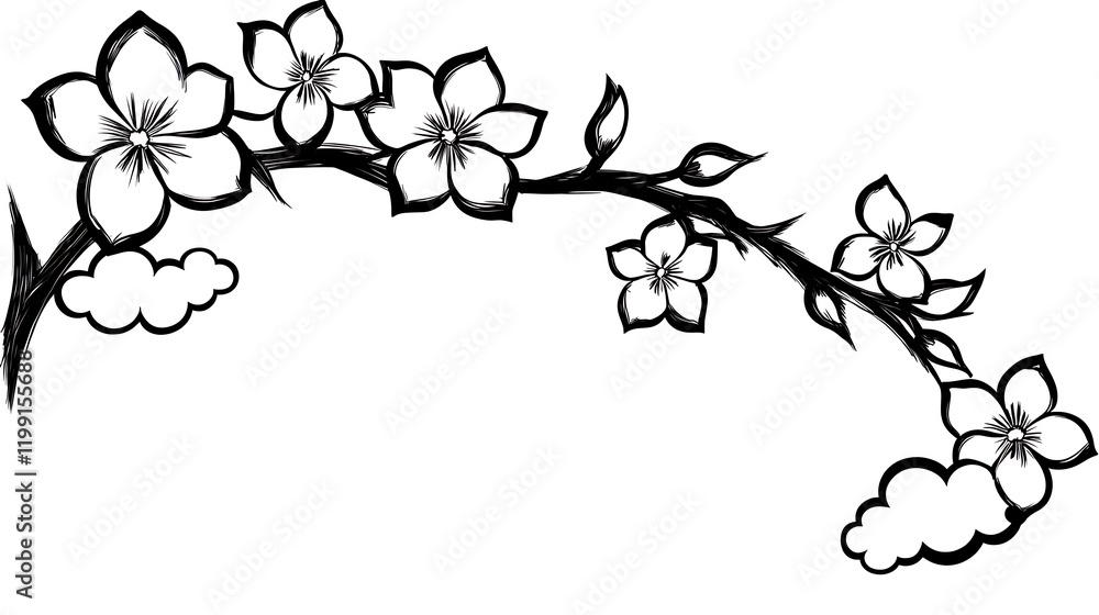 Fototapeta premium Plum blossoms drawn with minimalist strokes paired with cloud motifs forming an abstract and tranquil Chinese-inspired composition