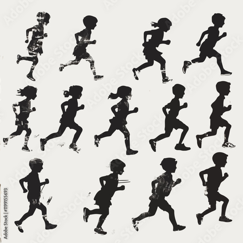 15 silhouettes of children running and playing tag