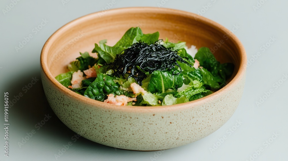 Seaweed is a nutritious superfood vagan food. Fresh salad bowl with greens and toppings. Seaweed is a nutritious superfood vagan food. Fresh salad bowl with greens and toppings.