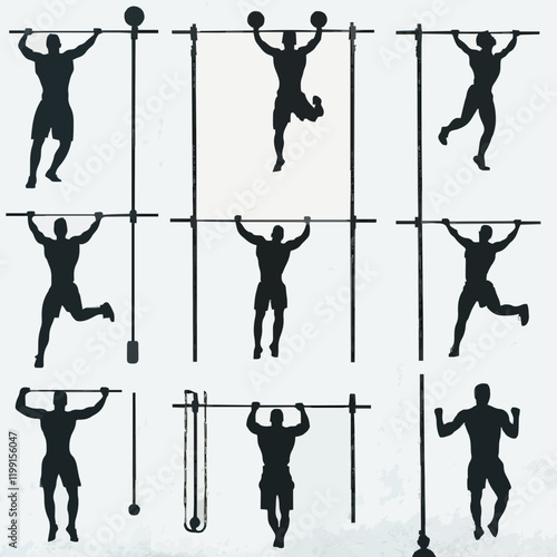 15 silhouettes of people using different types of exercise equipment
