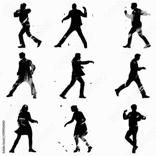 15 silhouettes of people dancing in different styles