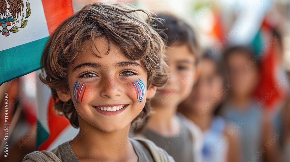A joyful child with painted stripes on their cheeks smiles in front of flags, celebrating culture. A joyful child with painted stripes on their cheeks smiles in front of flags, celebrating culture.