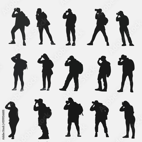 15 silhouettes of people posing for photographs