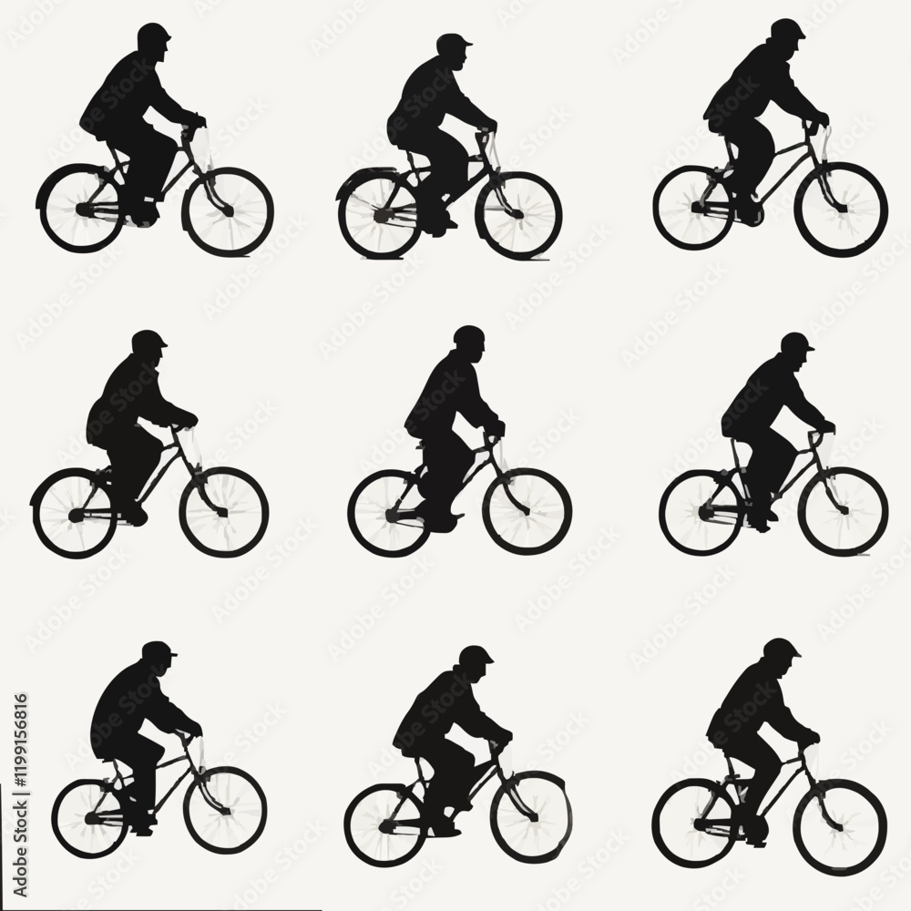 Fototapeta premium 15 silhouettes of people riding bicycles in different positions