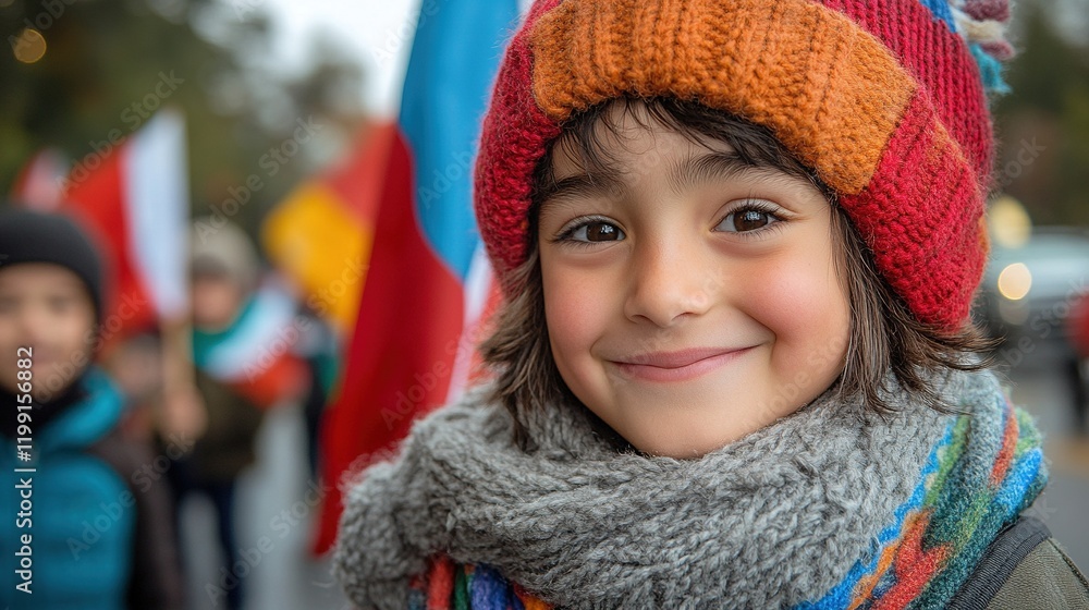 A smiling child in a colorful hat and scarf, participating in a festive parade with flags. A smiling child in a colorful hat and scarf, participating in a festive parade with flags.