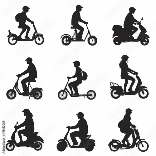 15 silhouettes of people riding scooters in various directions