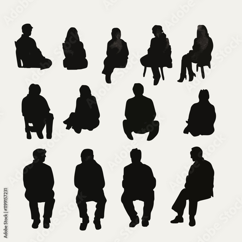 15 silhouettes of people sitting in different positions