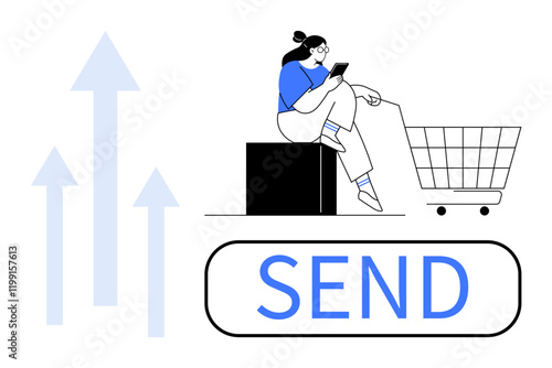 Woman with phone sitting on block, shopping cart beside, upward arrows, and send button. Ideal for e-commerce, online communication, growth, digital transactions, convenience user interaction