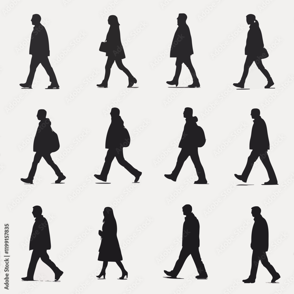 Fototapeta premium 15 silhouettes of people walking in various directions