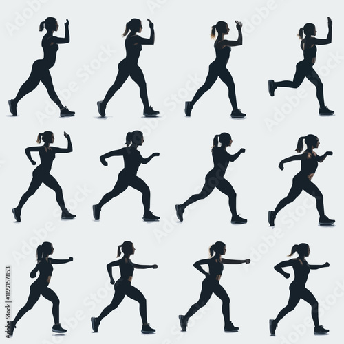 15 silhouettes of people doing different exercises in a gym