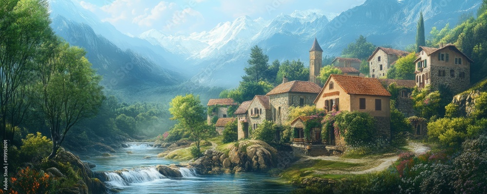 Naklejka premium Tranquil mountain village with rustic stone houses and flowing river.