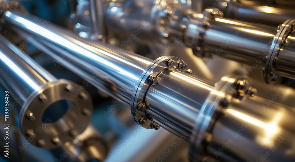 Naklejka premium A close-up view of shiny metal pipes and fittings interconnected in a manufacturing environment, showcasing their precise construction and purpose for transporting fluids within the facility