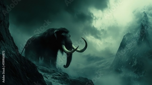 Majestic mammoth stands atop a misty mountain range under a stormy sky. photo