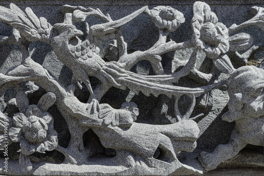 The relief on Elaborate sculptured of Stone carvings is a beautiful Taiwanese art style. Surface texture of Stucco art in Taiwan temple, use it as your Wallpaper, Poster and Copy space,Selective focus