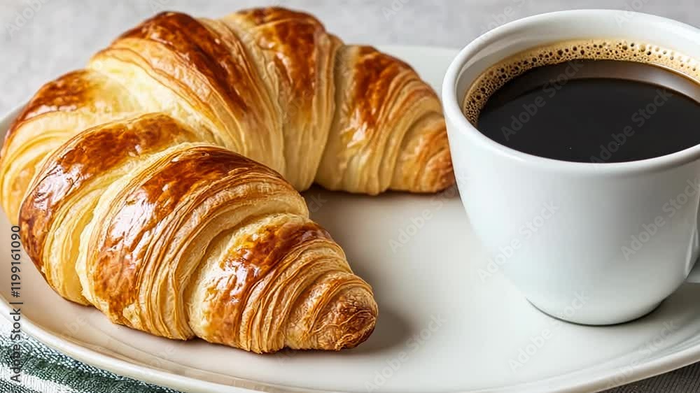 A fresh, flaky croissant accompanied by a steaming cup of black coffee on a simple plate, cozy breakfast. A fresh, flaky croissant accompanied by a steaming cup of black coffee on a simple plate, cozy breakfast.