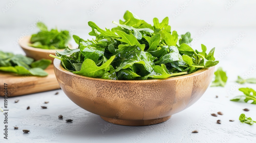 Seaweed is a nutritious superfood vagan food. Fresh green salad leaves in a wooden bowl on a light background Seaweed is a nutritious superfood vagan food. Fresh green salad leaves in a wooden bowl on a light background