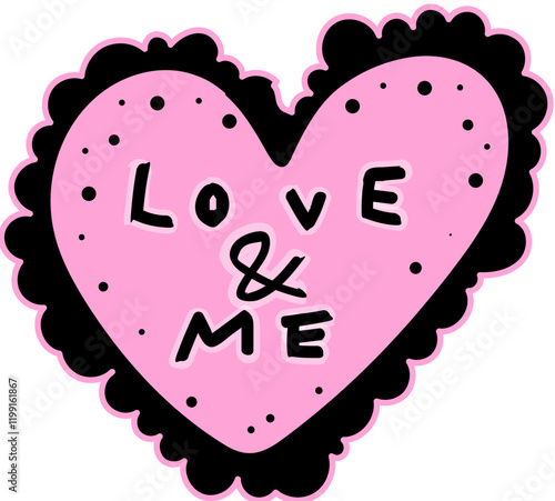 레이스가 달린 하트, YOUnME 텍스트, 블랙과 핑크 색상 디자인,Lace-Trimmed Heart in Black and Pink