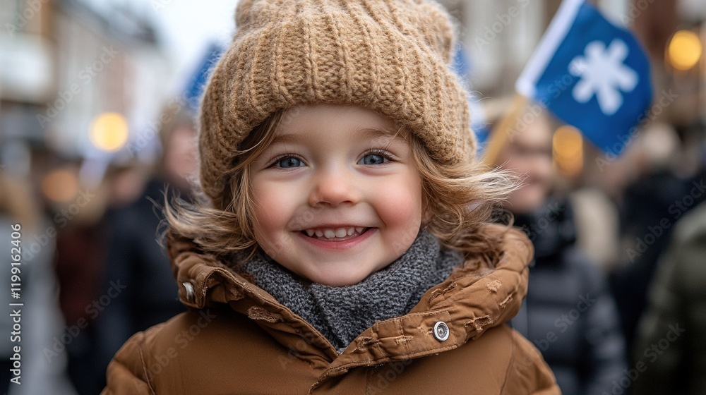 A joyful child smiles warmly while participating in a lively outdoor event with flags. A joyful child smiles warmly while participating in a lively outdoor event with flags.