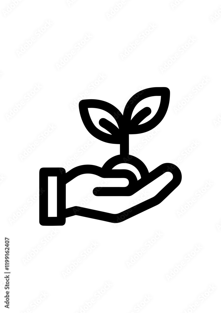 A hand icon holding a small sprout emerging from its seed, representing growth, care, and the importance of nurturing life. Flat vector line art in black color for logo, web, app, UI A hand icon holding a small sprout emerging from its seed, representing growth, care, and the importance of nurturing life. Flat vector line art in black color for logo, web, app, UI