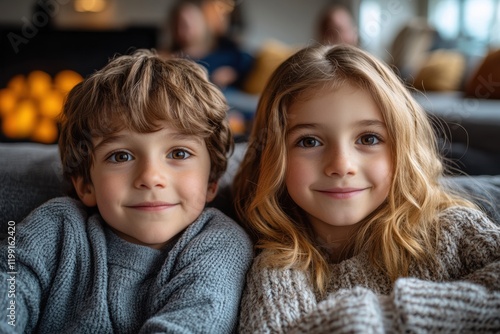 Siblings relaxing on the couch in cozy sweaters during a warm family gathering at home