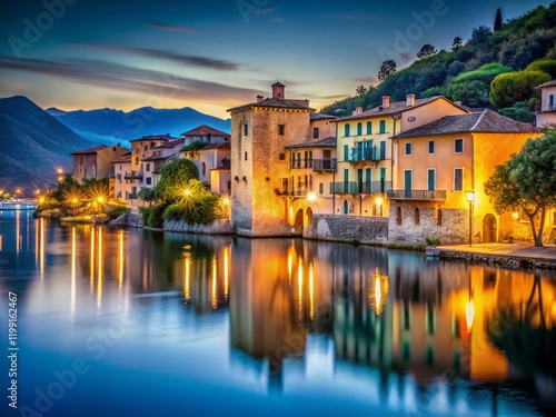 Serene Night in Laguna: Illuminated Casone Reflecting on Calm Waters photo