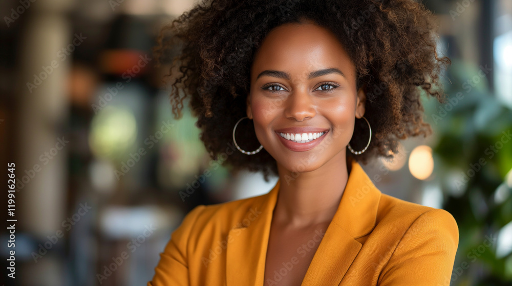 Fototapeta premium Confident young professional woman in a vibrant yellow blazer, perfect for business promotions and leadership content