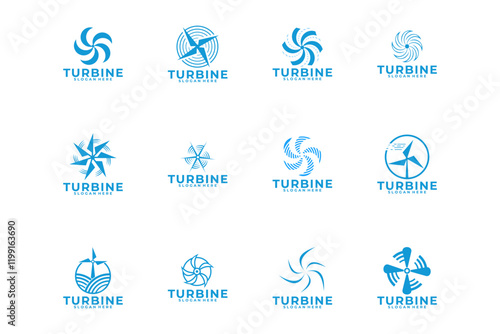 Set of turbine logo design. circle wind logo vector. windmill vector logo