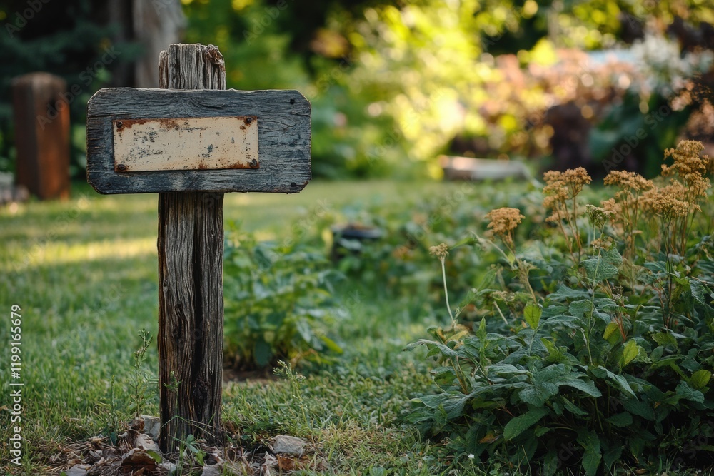 Weathered wooden sign stands in a garden filled with lush greenery and flowers Weathered wooden sign stands in a garden filled with lush greenery and flowers