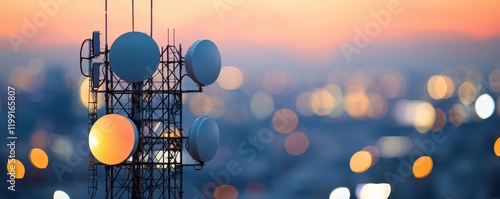 A communication tower stands against a colorful sunset, with glowing antennas and a blurred cityscape in the background. photo