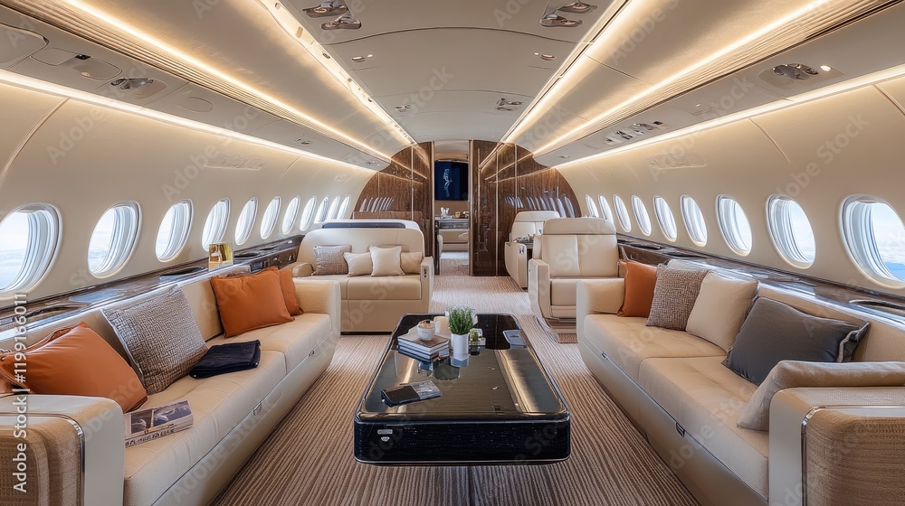 Fototapeta premium A spacious first-class cabin with a sophisticated and modern aesthetic.