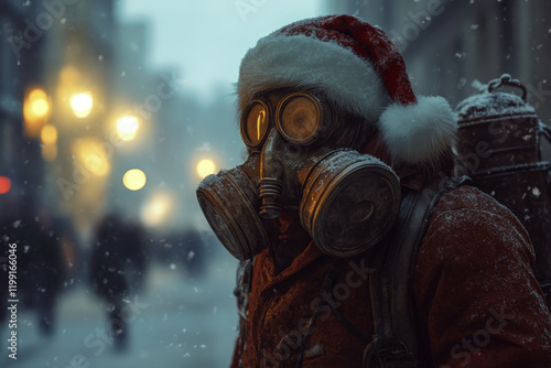 Person wearing a gas mask and Santa hat in a snowy street at night. Concept of survival with holiday themes. For holiday-themed survival art. photo