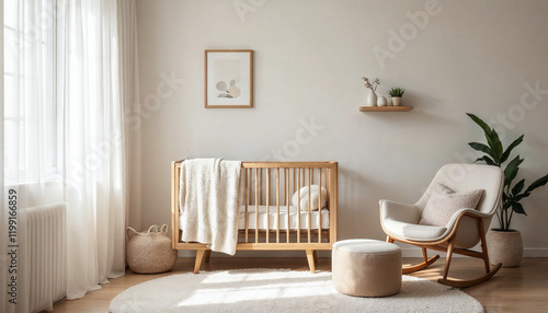 Serene minimalist nursery with neutral tones, modern furnishings, and soft natural light.