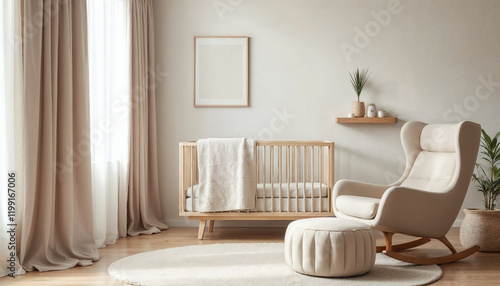 Serene minimalist nursery with neutral tones, modern furnishings, and soft natural light.