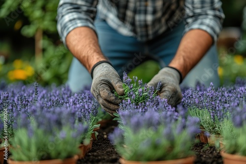 Gardener tending to lavender plants in a sunny outdoor garden setting