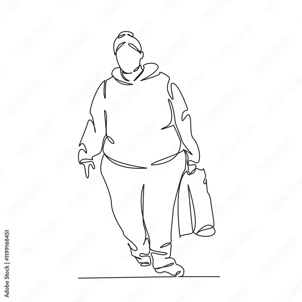 One continuous single drawing line art flat doodle overweight, person, adult, lifestyle, adults only, one person, one woman only, only women. Isolated image hand draw contour on a white background, ha One continuous single drawing line art flat doodle overweight, person, adult, lifestyle, adults only, one person, one woman only, only women. Isolated image hand draw contour on a white background, ha