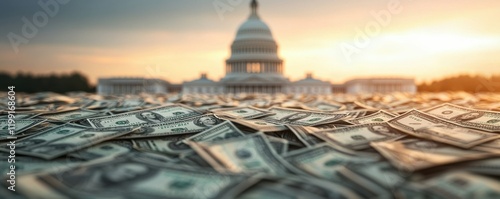 Obraz na płótnie A captivating view of a large pile of money in the foreground with the United States Capitol building in the background during sunset. w salonie