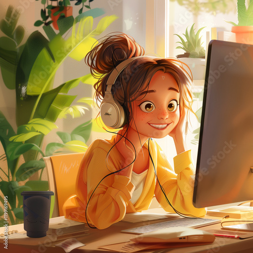Customer support. Cute happy girl with glasses sitting at the computer, wearing headphones and smiling while working on the computer in the style of digital illustration. Working from home