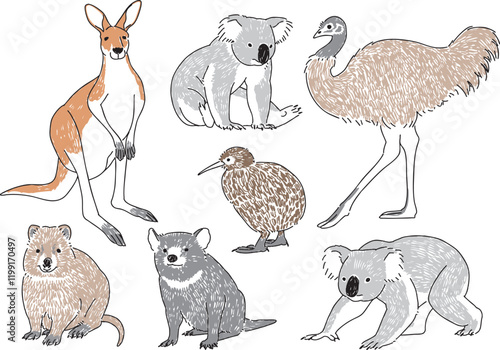 オーストラリアの有名な動物たちの手描きイラストセット