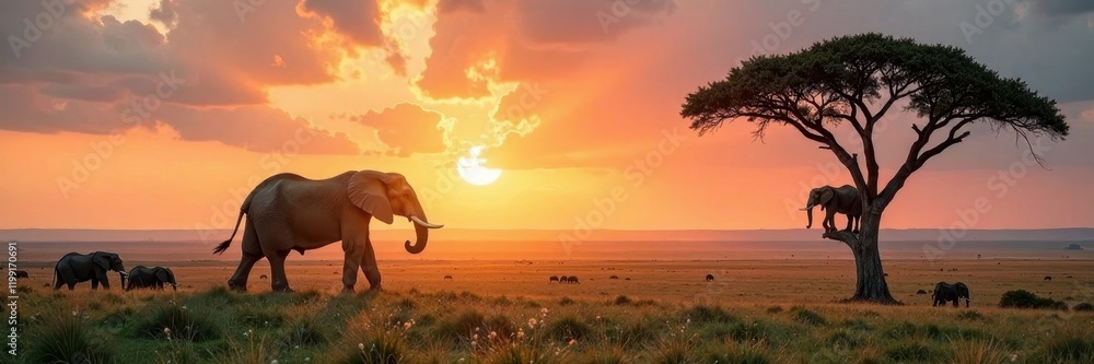 Fototapeta premium Solitary elephant perched high in a large tree, overlooking savanna , tree, perspective, wild